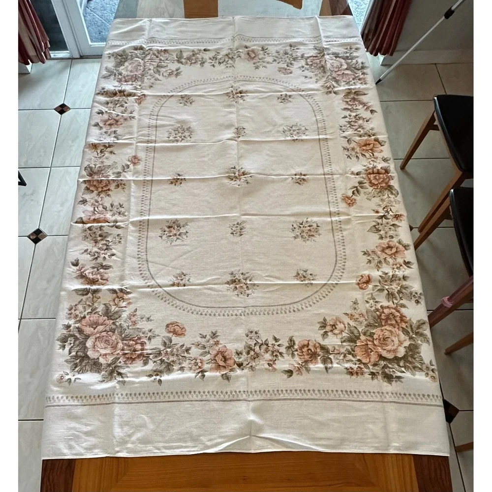 Vintage Floral Tablecloth Orange Brown Roses Rectangular Cream Retro 70s Decor